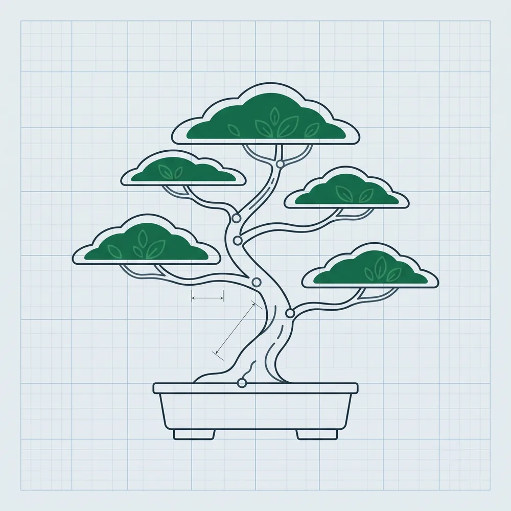 Blueprint schematic of a bonsai tree, its branches and canopy pads measured and labeled — the discipline of shaping controlled growth